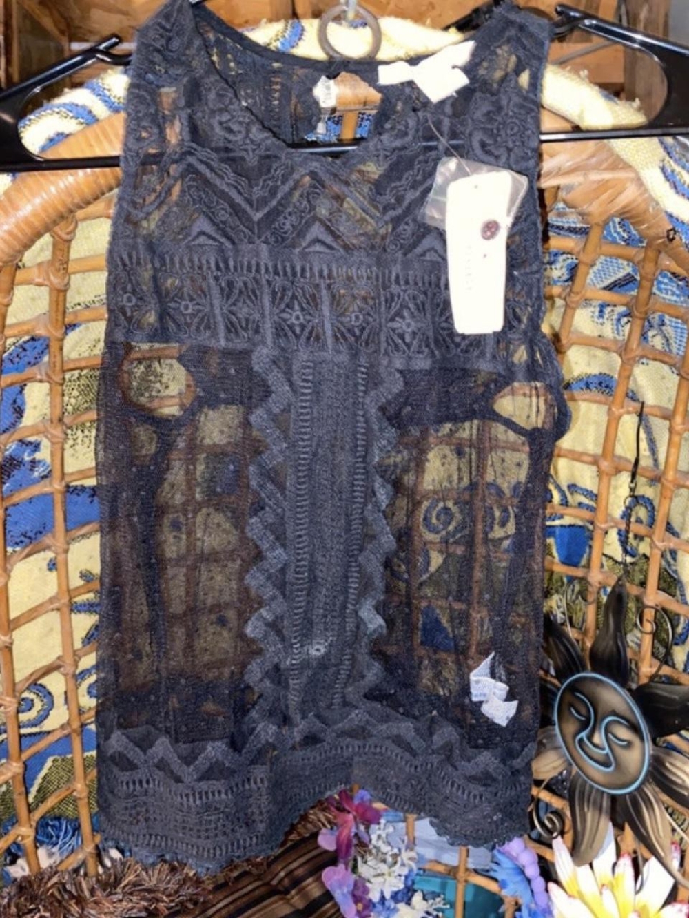 Forever 21 NWT Black Crochet Lace Tank Top Sheer Geometric Festival Goth